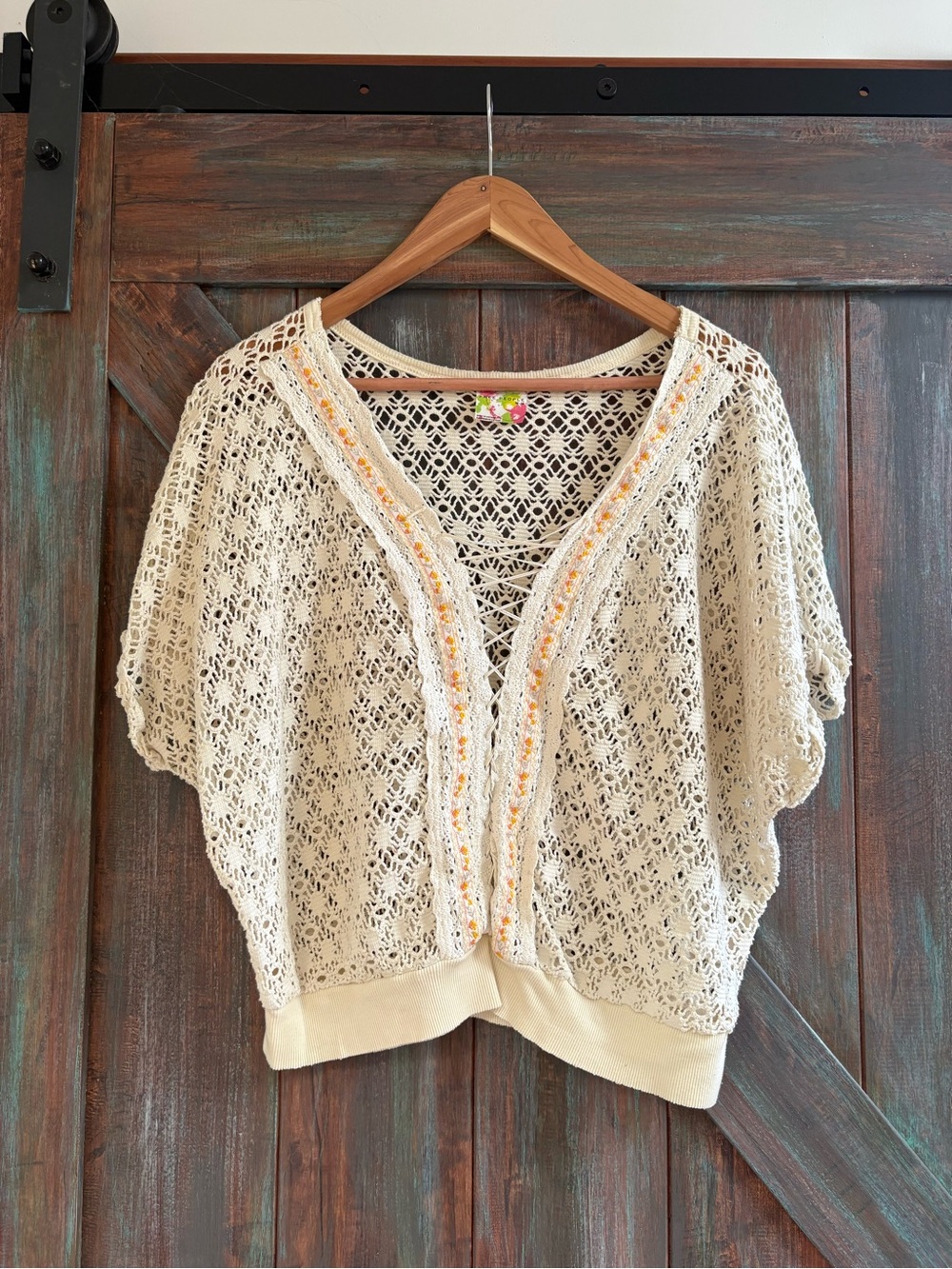 Free People Cream Crochet Openwork Sweater with Floral Label